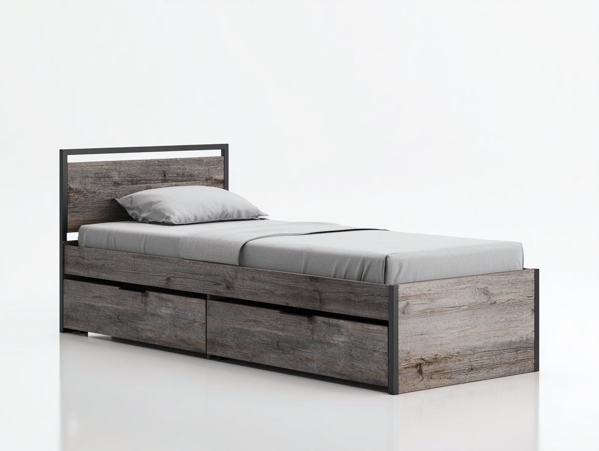 Letto singolo - Legno-Metallo - 205x100x95 cm - Grigio naturale - Industriale