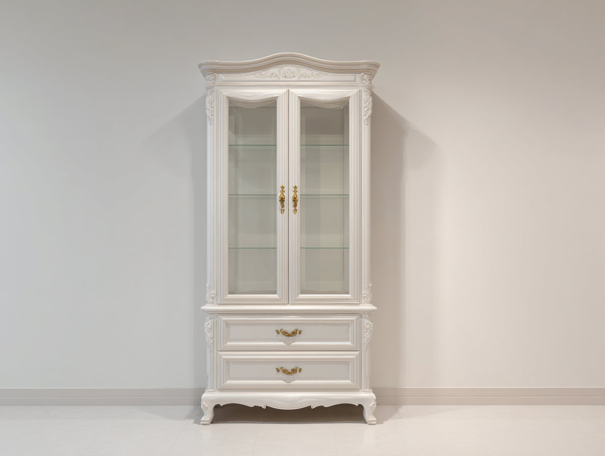 Vetrina - Legno-Vetro-Metallo - 110x45x190 cm - Bianco avorio - Classico elegante