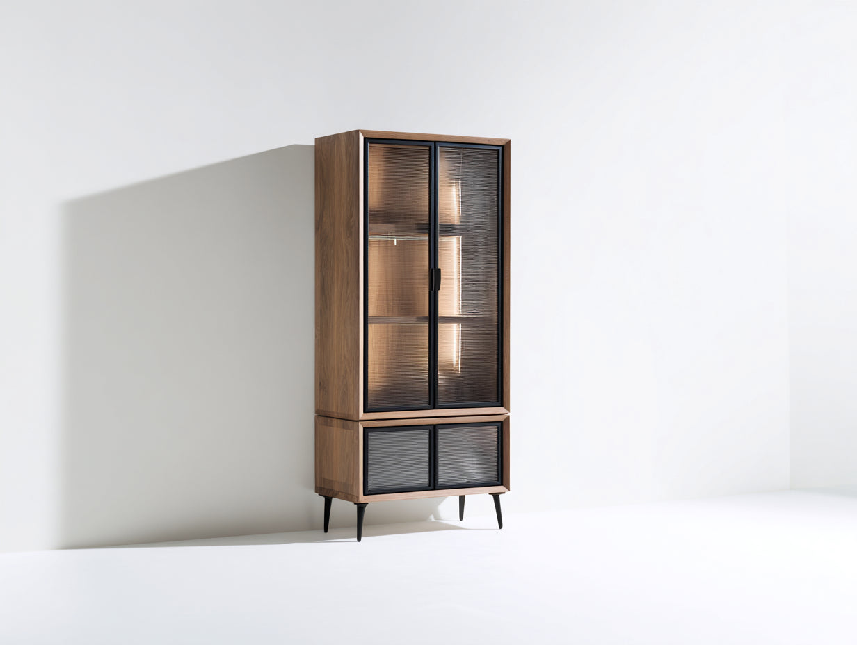 Vetrina - Legno-Vetro-Metallo - 80x35x180 cm - Noce-Nero - Moderno contemporaneo