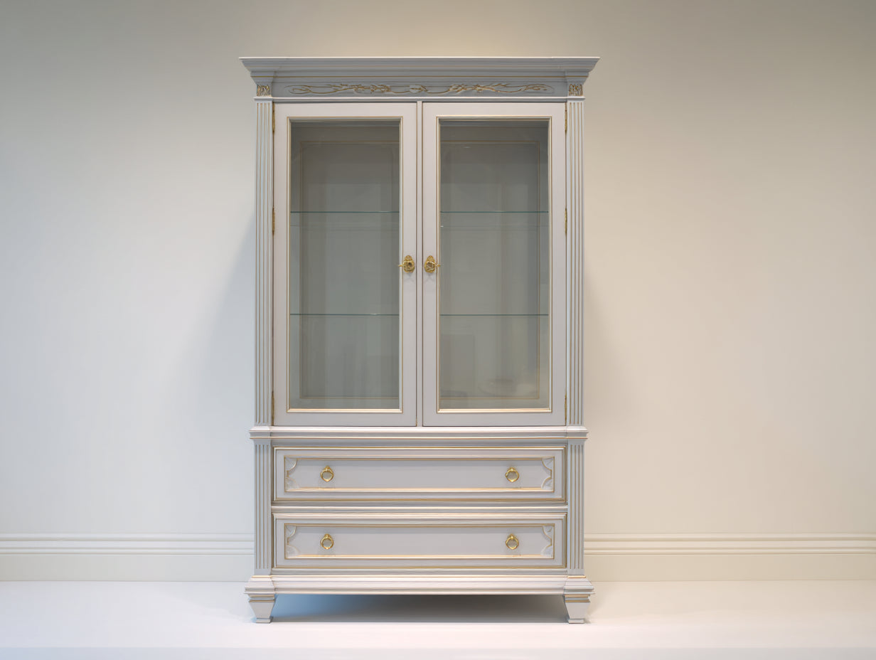 Vetrina - Legno-Vetro-Metallo - 120x45x200 cm - Bianco avorio-Oro - Classico lusso