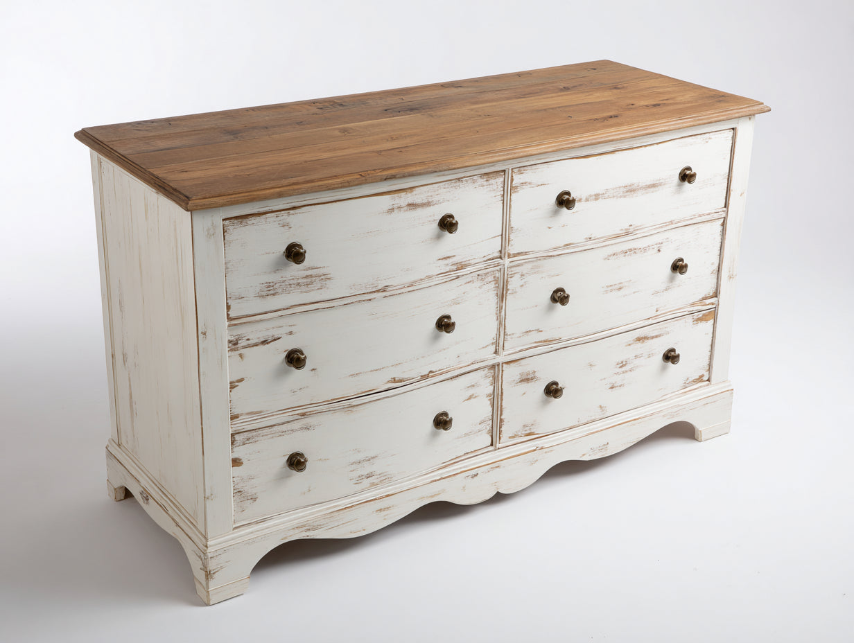 Cassettiera-MDF legno massello-145x42x78 cm-Bianco-Legno naturale-Rustico elegante