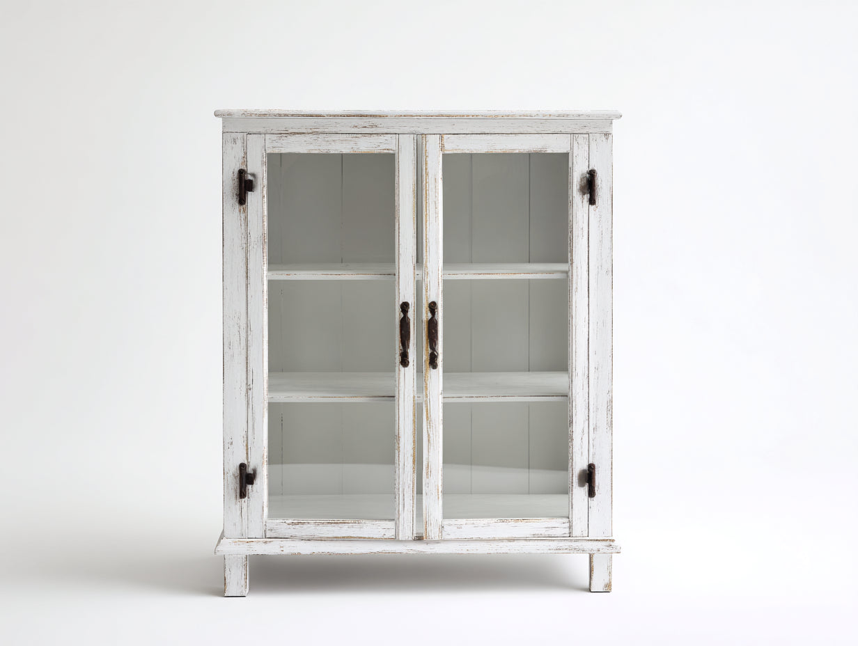 Vetrina - Legno-Vetro-Metallo - 110x40x160 cm - Bianco anticato - Classico rustico