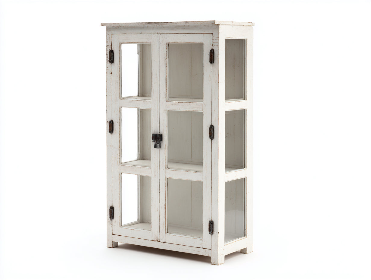 Vetrina - Legno-Vetro-Metallo - 95x38x165 cm - Bianco anticato - Stile rustico classico